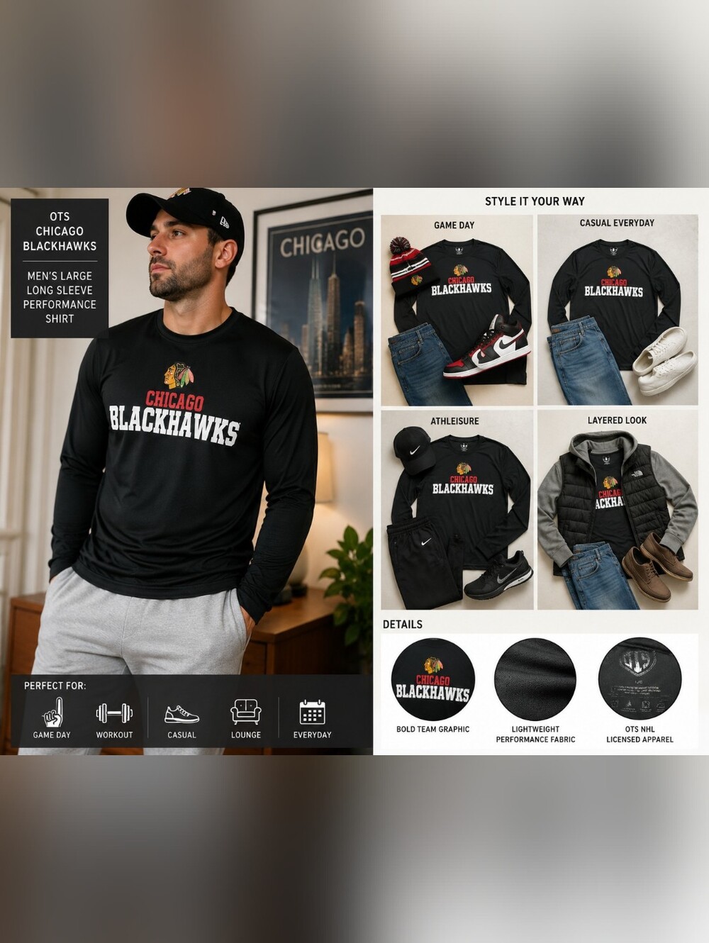 OTS Chicago Blackhawks Black Long Sleeve Performance Shirt Men’s Large NHL